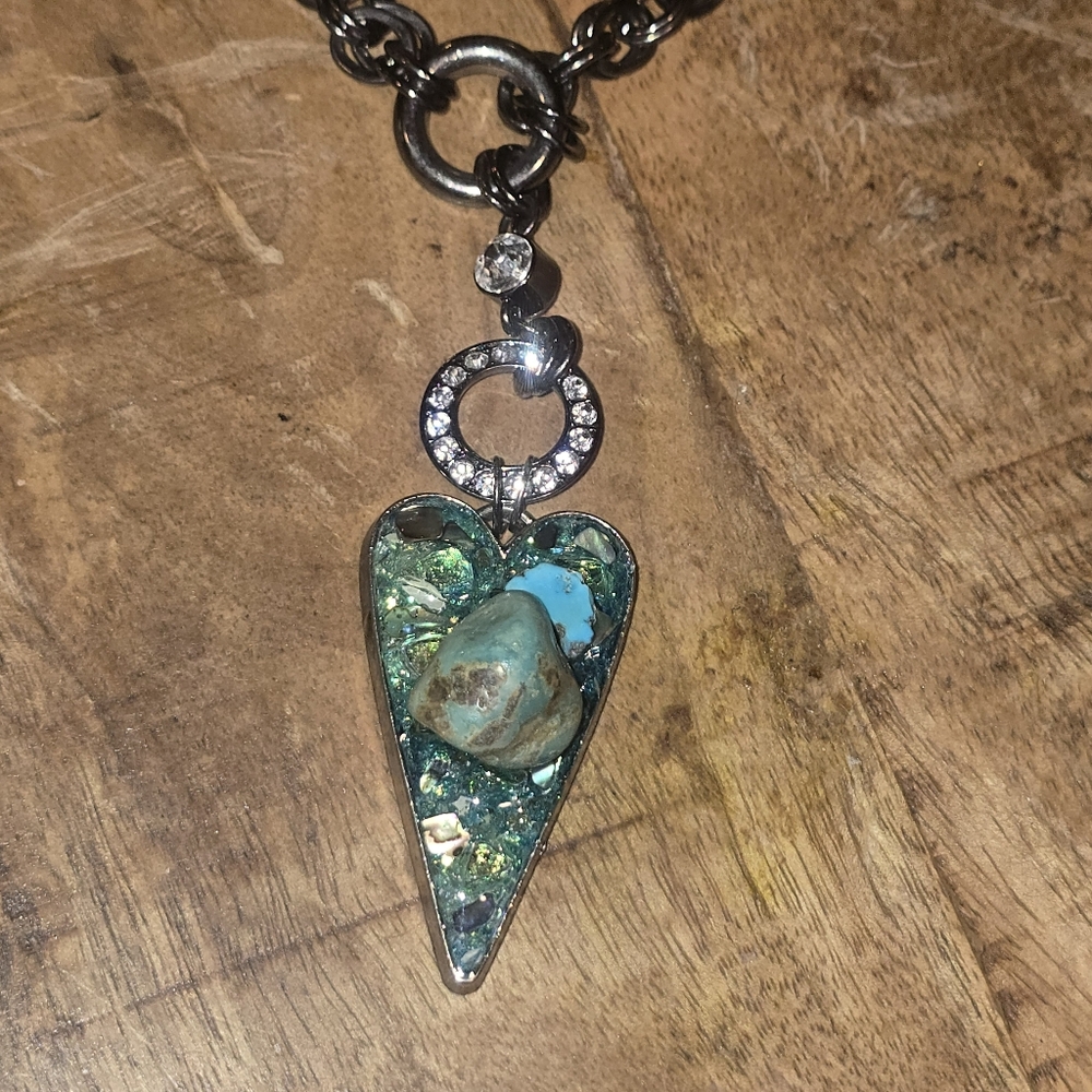 New! Handmade raw natural turquoise on epoxy with bling chain